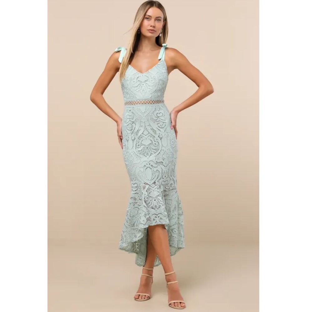 Lulus Won Your Heart Sage Green Lace Tie-Strap High-Low Midi Dress NWT Size M